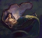 2020 5_fingers bivalve clam eyebrows female fin fingers fish_tail giant_clam green_tail hair hand_on_chin head_on_hand humanoid legless looking_at_viewer marine merfolk mermaid_tail mollusk nude nude_female pinguinolog purple_hair reclining signature solo split_form tail tail_fin