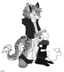 anthro bottomwear clothed clothed_male clothed_sex clothing crop_top duo femboy fluffy fluffy_hair fur_boa hair handlebar_horns horn horn_grab kneeling kneeling_oral_position legwear male male/male oral pale_skin partially_clothed sex shirt size_difference skirt spade_tail tail thigh_highs topwear abuse_(artist) syn_(syn924) cyclops demon human humanoid kipino_cyclops mammal sergal tailed_humanoid hi_res