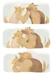 anthro biped brown_body brown_fur duo fur kissing male muscular muscular_anthro muscular_male yellow_body yellow_fur oslomanl canid canine canis mammal wolf 2024 absurd_res hi_res