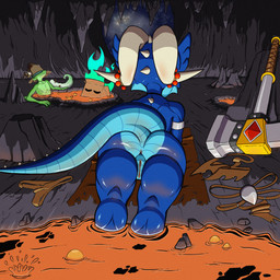 anus armlet beads blue_body blue_scales box_head butt cave clothing fake_beard female fire gem genitals green_body green_scales group hat headgear headwear horn lava legs_in_lava looking_away lying male on_front panties pickaxe ragged_clothing rear_view scales spiked_tail spikes spikes_(anatomy) stalactite stalagmite starscape tail underwear vulva fuzzycogs kobold scalie 1:1 absurd_res hi_res