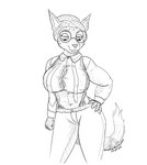 anthro big_breasts breasts button_(fastener) clothed clothing dipstick_ears dipstick_tail dress_shirt ear_markings eyewear female glasses hair hair_bun markings multicolored_ears necktie no_bra shirt solo straining_buttons suit suspenders tail tail_markings tight_clothing topwear undone_tie panzerschreckleopard bridgette_o'shane canid canine canis domestic_dog felid feline hunting_dog lynx lynxuki mammal saluki sighthound 2021 absurd_res hi_res monochrome