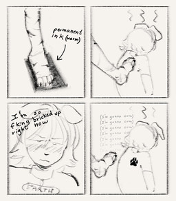4_panel_comic anthro blush blush_lines bodypaint claws close-up collar collar_tag comic_panel duo emanata embarrased_horny embarrassed floppy_ears footprint hair imminent_orgasm male mostly_offscreen_character nude_anthro nude_male pawprint pawprint_tattoo paws permanent profanity rear_view short_hair simple_background tattoo text thoughts white_background pekorelle canid canine canis domestic_dog mammal 2025 comic english_text portrait sketch three-quarter_portrait