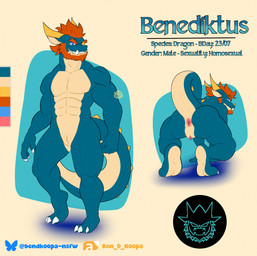 animal_genitalia animal_penis anthro anus beard blue_body blue_eyes blue_scales butt facial_hair facial_horn fangs genitals hair harness horn knot male male/male muscular muscular_male nose_horn orange_beard orange_facial_hair orange_hair penis penis_poking_out ponytail presenting presenting_anus presenting_hindquarters scales simple_background simple_coloring slit_penis smile smiling_at_viewer spread_legs spreading tan_body tan_scales tan_skin teeth text vein veiny_knot yellow_horn ben_d_koopa benediktus_(artist) european_mythology mythology benediktus_(ben_d_koopa) dragon mythological_creature mythological_scalie scalie 2026 absurd_res digital_drawing_(artwork) digital_media_(artwork) english_text hi_res model_sheet watermark