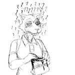 1:1 anthro beastars biped blood bodily_fluids canid canine canis clothed clothing comic confusion digital_drawing_(artwork) digital_media_(artwork) fully_clothed half-length_portrait hi_res hladilnik holding_object humor legoshi_(beastars) male mammal monochrome narrowed_eyes portrait question_mark reaction_image simple_background sketch solo squint subway_(restaurant) white_background wolf