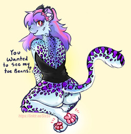 anthro butt butt_focus feet female fluffy fur hindpaw nude pawpads paws presenting presenting_hindquarters purple_body purple_fur solo tail text sixss domestic_cat felid feline felis leopard mammal pantherine wildcat english_text