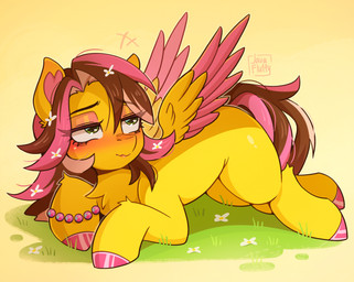accessory blush eyelashes feathered_wings feathers female feral flower flower_in_hair fur grass hair hair_accessory hooves looking_up on_grass on_ground pink_hooves plant quadruped solo white_flower wings yellow_body yellow_fur javafluffy hasbro my_little_pony mythology fan_character equid equine mammal mythological_creature mythological_equine pegasus 2026 colored digital_drawing_(artwork) digital_media_(artwork) hi_res shaded