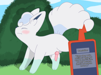 all_fours animal_genitalia animal_penis balls blush bodily_fluids canine_genitalia canine_penis embarrassed embarrassing_exposure eyes_closed feral fur genital_fluids genitals grass leaking_precum leg_markings male markings multi_tail outside penis plant pouting precum presenting presenting_penis raised_leg sheath shrub socks_(marking) solo tail text voyeur white_body white_fur 81yffulfmm nintendo pokemon generation_4_pokemon pokemon_(species) rotom rotom_phone 4:3 hi_res