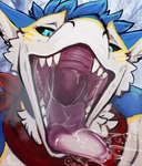 anthro black_sclera blue_body blue_eyes blue_fur blue_hair bodily_fluids cheek_tuft detailed_mouth facial_tuft front_view fur hair kerchief licking_screen looking_at_viewer male markings mouth_shot narrowed_eyes neckerchief neckwear open_mouth red_kerchief red_neckerchief red_tongue saliva saliva_on_tongue saliva_string short_hair solo teeth tongue tongue_out tuft unsigned white_body white_fur yellow_markings acidic sergal bust_portrait portrait