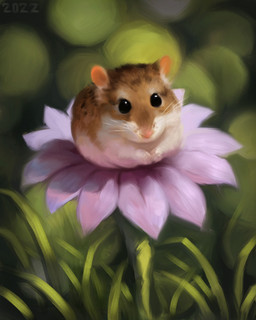 ambiguous_gender black_eyes brown_body brown_fur feral flower fur grass outside pink_nose plant round_eyes sitting_on_flower solo whiskers white_body white_fur alexpahomov cricetid hamster mammal rodent 2022 hi_res