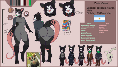 alternative_fashion argentina big_butt bone butt card_deck choker clothing cowboy eyewear glasses goth hair jewelry lipstick long_hair makeup male necklace piercing scar skull tail text zarter balatro zarter_(fursona) american_opossum avian bird corvid corvus_(genus) hybrid mammal marsupial oscine passerine raven 7:4 absurd_res english_text hi_res model_sheet