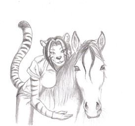 anthro clothing duo female feral joyful looking_at_viewer riding shirt simple_background straddling tail topwear white_background dustyvalentino nymphetamine equid equine felid horse mammal pantherine tiger