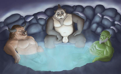anthro balls bathing beard facial_hair foreskin fur genitals green_body green_skin group hair half-erect horn humanoid_genitalia humanoid_penis licking licking_lips looking_at_viewer male mature_anthro mature_male musclegut muscular nipples nude outside partially_submerged penis self_lick sitting skinny_dipping slightly_chubby smile snow spread_legs spreading tongue tongue_out tusks unretracted_foreskin water noodlewd blizzard_entertainment warcraft bear bovid bovine humanoid mammal orc pandaren tauren hi_res