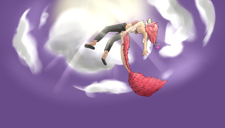 anthro ascending biped black_bottomwear black_clothing black_pants bottomwear bra breasts clothed clothed_anthro clothed_female clothing cloud elbow_feathers feathers feet female fingers flower footwear hair heaven humanoid_feet humanoid_hands light light_beam long_hair long_tail medium_breasts non-mammal_breasts open_mouth panties pants plant plantigrade purple_background red_body red_bra red_clothing red_feathers red_hair red_panties red_underwear shoes simple_background sky solo sun sunbeam sunlight tail tan_body underwear jaaayyaaay cavemanon_studios volcaldera_ashfall ashley_(volcaldera_ashfall) dinosaur dromaeosaurid prehistoric_species reptile saurischian scalie theropod colored full-length_portrait hi_res portrait shaded