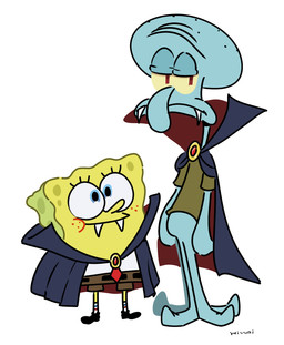 anthro blue_eyes cape clothing duo fangs male simple_background smile standing teeth white_background hiwai nickelodeon spongebob_squarepants spongebob_squarepants_(character) squidward_tentacles aquatic cephalopod coleoid decapodiform mollusk sea_sponge squid vampire hi_res