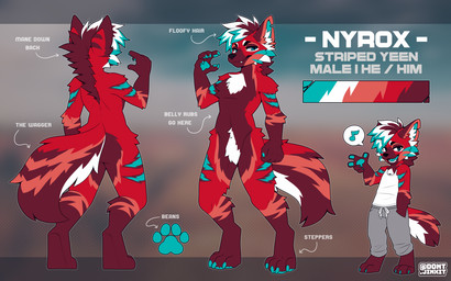 anthro biped bottomwear butt claws clothed clothed_anthro clothed_male clothing countershade_torso countershading feet finger_claws fingers front_view fully_clothed fully_clothed_anthro fully_clothed_male fur hair looking_at_viewer male markings nude nude_anthro nude_male rear_view red_body red_fur red_tail smile solo standing striped_body striped_fur striped_markings striped_tail stripes tail tail_markings teeth toe_claws toes tongue topwear jinxit hyena mammal 2026 digital_drawing_(artwork) digital_media_(artwork) hi_res model_sheet
