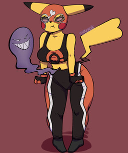 anthro bra clothing cosplay_pikachu_(costume) curse cursed_object duo female flustered gloves handwear mask midriff navel navel_fetish navel_piercing piercing solo sports_bra tsundere underwear wide_hips reirek nintendo pokemon pikachu_libre generation_1_pokemon ghost pikachu pokemon_(species) spirit absurd_res hi_res