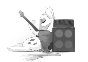 amplifier blue_eyes electric_guitar female guitar looking_at_viewer musical_instrument plucked_string_instrument sitting solo string_instrument underpable friendship_is_magic hasbro my_little_pony pinkamena_(mlp) pinkie_pie_(mlp) equid equine horse mammal pony 2018 absurd_res hi_res monochrome