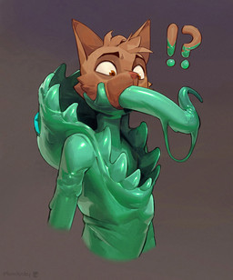 ambiguous_gender anthro assimilation dripping_tongue duo exclamation_point glistening glistening_eyes glistening_face glistening_goo glistening_teeth glistening_text glistening_tongue goo_string goo_transformation interrobang latex_tongue linear_transformation long_tongue male male/male mouth_full possession question_mark shocked snout solo surprised takeover teeth tongue tongue_deep_throat tongue_deepthroat transformation plumlucky domestic_cat felid feline felis ghost goo_creature mammal monster spirit hi_res
