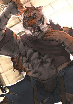 abs anthro belt black_body black_fur black_stripes blue_bottomwear blue_clothing blue_shorts bottomwear bulge ceiling clothed clothing fangs fist fur grey_clothing grey_underwear hair looking_down low-angle_view male open_belt open_bottomwear open_clothing open_mouth open_shorts orange_body orange_eyes orange_fur orange_hair pecs purple_clothing purple_shirt purple_topwear shirt shorts solo striped_body striped_fur stripes teeth tongue topwear torn_bottomwear torn_clothing torn_shirt torn_shorts torn_topwear underwear white_body white_fur worm's-eye_view knoll-noru felid mammal pantherine tiger