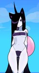 2022 black_ears black_hair breasts butt butt_from_the_front clothed clothing cloud comet_(dvampiresmile) day digital_drawing_(artwork) digital_media_(artwork) dvampiresmile felid feline female front_view glistening glistening_hair gris_swimsuit hair hair_over_eye hands_behind_back long_hair looking_at_viewer mammal meme meme_clothing navel one-piece_swimsuit outside pool_float portrait sky solo swimwear three-quarter_portrait tight_clothing tight_swimwear translucent translucent_clothing translucent_swimwear white_body white_face