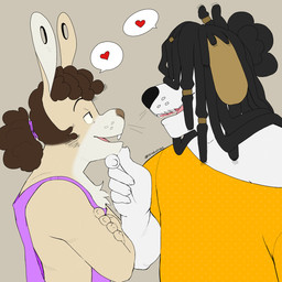 accessory anthro black_hair brown_background brown_hair chest_tuft claws clothing crossed_arms dreadlocks duo ear_piercing eyebrows finger_claws flesh_tunnel floppy_ears fur gauged_ear green_eyes hair hair_accessory hair_over_eye hair_over_eyes hair_ring hand_on_chin heart_symbol looking_at_another male male/male off_shoulder_shirt open_mouth piercing pink_clothing pink_shirt pink_topwear shirt simple_background standing tan_body tan_fur topwear tuft white_body white_fur p_rindustries anton_(p_rindustries) wynn_(p_rindustries) canid canine canis domestic_dog herding_dog lagomorph leporid mammal pastoral_dog rabbit sheepdog 1:1 2022 hi_res signature trans_(lore) trans_man_(lore)