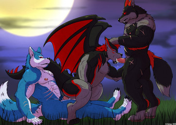 4_toes 5_fingers abs anal anal_penetration anthro anthro_on_anthro anthro_penetrated anthro_penetrating anthro_penetrating_anthro arm_support barefoot beard biceps biped black_body black_claws black_eyebrows black_fur black_nose black_sclera black_tail blue_body blue_eyes blue_fur blue_tail bodily_fluids claws cloud crouching cum cum_in_mouth cum_inside digitigrade dipstick_tail eyebrows facial_hair facial_markings fangs feet fellatio fingers fluffy fluffy_tail full_moon fur genital_fluids genitals glowing glowing_eyes goatee grass grey_body grey_fur grey_tail group group_sex hair head_grab head_markings horn male male/male male_on_bottom male_on_top male_penetrated male_penetrating male_penetrating_male markings membrane_(anatomy) membranous_wings moon multicolored_body multicolored_fur multicolored_tail muscular muscular_male night nipples nude on_bottom on_top oral oral_penetration pecs penetration penile penile_penetration penis pink_nipples pink_penis plant reclining red_body red_eyes red_fur red_hair red_markings red_tail reverse_cowgirl_position scar sex short_hair side_view sky spiked_tail spikes spikes_(anatomy) spitroast standing straddling tail tail_markings teeth thick_tail threesome toe_claws toes trio two_tone_body two_tone_fur two_tone_tail white_body white_fur white_tail wings bara-diction mythology rath_revelback ulric_blood-moon wolfbane_bloodfang canid canine canis dragon hybrid mammal mythological_canine mythological_creature mythological_scalie scalie werecanid werecanine werecreature werewolf wolf 2015 digital_media_(artwork)
