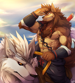 abs anthro beard big_muscles black_lips black_nose body_hair bottomwear brown_body brown_fur brown_hair chain chest_hair clenched_teeth clothed clothing duo facial_hair fangs fur hair hands_behind_head lips long_mouth looking_away male melee_weapon mount muscular muscular_male pants pecs rider riding saddle straddling sword teeth toothy_grin topless weapon white_body white_fur yellow_eyes rabbity re:zero ricardo_welkin canid canine canis mammal wolf 2016 alternate_version_at_source