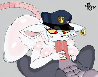 abs anthro anthro_on_anthro big_breasts big_butt big_ears bodily_fluids breasts butt duo ear_piercing fellatio female freckles genitals holding_penis lying male male/female oral penile penis piercing police police_hat rat_tail red_eyes saliva saliva_string sex tail white_body yellow_sclera lowsy_(artist) officer_flint_(foresttherotten) mammal murid murine rat rodent absurd_res hi_res