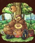 anthro belly biped brown_body brown_fur detailed_background feral fur male moobs nipples outside overweight overweight_male sitting solo aotoaka nintendo pokemon arthropod bee generation_2_pokemon hymenopteran insect mammal pokemon_(species) ursaring 2019 hi_res