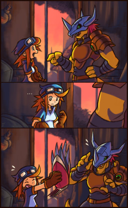 4_fingers anthro arm_wraps armor border clothing duo ellipsis embarrassed eyewear female fingers goggles hair hat headgear headwear helmet male motion_lines orange_border red_hair scales smile sunset weapon wraps yellow_body yellow_scales dahecksajerry bandai_namco digimon digimon_(species) human mammal wargreymon 2016 colored shaded