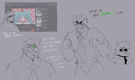 anthro black_text bottomwear chibi clothing fist frown green_eyes green_text grey_background male male_anthro necktie open_mouth open_smile pants screencap shirt simple_background smile solo teeth text topwear white_text melaisen vocaloid youtube bau_(melaisen) hatsune_miku akita american_akita canid canine canis domestic_dog mammal spitz 2022 absurd_res digital_drawing_(artwork) digital_media_(artwork) english_text hi_res monochrome sketch