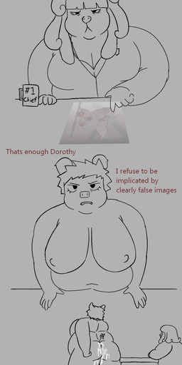 after_sex anthro belly big_breasts bodily_fluids breasts butt cum cum_on_butt dialogue duo female genital_fluids gesture hand_gesture humor mature_anthro mature_female nude obese obese_anthro obese_female overweight overweight_anthro overweight_female pointing text oxkingky dorothy_b_hound sherry_p_chops canid canine canis domestic_dog domestic_pig mammal suid suine sus_(pig) 2025 english_text hi_res