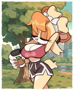 anthro beverage big_breasts blush bottomwear breasts cleavage clothed clothing coffee female mature_female pants solo sweatpants milkchaotea sega sonic_the_hedgehog_(series) vanilla_the_rabbit lagomorph leporid mammal rabbit hi_res