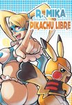 ambiguous_gender blonde_hair blue_eyes breasts butt cleft_tail clothing cosplay_pikachu_(costume) dipstick_ears duo ear_markings female hair long_hair mask multicolored_ears open_mouth tail text quas-quas capcom nintendo pokemon street_fighter cosplay_pikachu_(character) pikachu_libre rainbow_mika generation_1_pokemon human mammal pikachu pokemon_(species) 2015 crossover english_text female_(lore)