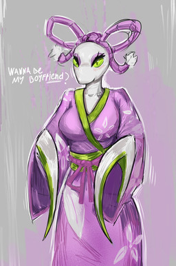 anthro asian_clothing big_breasts blush breasts clothed clothing east_asian_clothing female green_eyes japanese_clothing kimono looking_at_viewer non-mammal_breasts pink_clothing pink_kimono solo text white_body clumsycreature deltarune undertale_(series) mantis_(deltarune) arthropod darkner flower_mantis insect mantis orchid_mantis 2026 absurd_res english_text hi_res