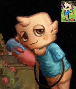 anthro bottomwear brown_eyes clothed clothed_male clothing flower leaning leaning_forward leaning_on_object looking_at_viewer male plant shirt shorts smile smiling_at_viewer solo topwear reynard_goodfellow blushcrunch_studio dandy's_world goob_(dandy's_world)
