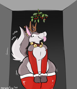 accidental_holly anthro armwear bell bell_collar belly belly_overhang black_nose blep brown_collar christmas_clothing closed_smile clothing collar deep_navel ear_piercing elbow_gloves eyebrows fake_antlers fake_horns fangs featureless_chest femboy fingerless_gloves freckled_arms freckled_legs freckled_shoulders freckled_thighs freckles front_view fur gloves grey_body grey_fur handwear happy holidays holly_(plant) huge_hips huge_thighs jingle_bell jingle_bell_collar legwear looking_at_viewer love_handles male mostly_nude motion_outline mouth_closed navel overweight overweight_anthro overweight_male pear-shaped_figure piercing pink_tongue plant raised_tail red_armwear red_clothing red_elbow_gloves red_fingerless_gloves red_gloves red_handwear red_legwear red_thigh_highs smile solo squish standing tail tail_motion tailwag teeth thick_thighs thigh_highs thigh_squish tongue tongue_out wide_hips zenonclaw christmas zenonclaw_(character) canid canine canis fox hybrid mammal wolf 2025 dated digital_media_(artwork) hi_res portrait three-quarter_portrait