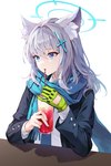 accessory animal_ears beverage blue_eyes blue_scarf clothed clothing container cup drinking female furniture glass glass_container glass_cup gloves green_clothing green_gloves green_handwear grey_hair hair hair_accessory handwear scarf school_uniform shadow simple_background sitting solo table uniform white_background white_hair minj_kim blue_archive shiroko_(blue_archive) animal_humanoid humanoid mammal mammal_humanoid absurd_res digital_media_(artwork) hi_res