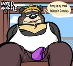 anthro armor belly big_belly black_body black_nose blush bottomwear bulge clothing construction_worker dialogue hard_hat headgear helmet male overweight overweight_male pants shirt sitting solo text topwear underwear inked-waffle bear mammal 2022 english_text