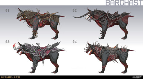 4_toes ambiguous_feral ambiguous_gender armor black_armor black_body black_claws black_fur black_tail black_teeth bone bone_mask brown_clothing brown_inner_ear_fluff chain chest_scar claws clothed clothed_ambiguous clothed_feral clothing company_name feet feral fur gradient_background greaves grey_mask group gums horned_mask inner_ear_fluff leg_markings light markings mask multicolored_body multicolored_fur no_pupils number open_mouth orange_inner_ear orange_scar orange_tongue paws quadruped red_clothing red_gums red_markings red_topwear saddle scar sharp_teeth side_view simple_background skull skull_mask spiked_armor spikes standing tail teeth text toe_claws toes tongue topwear tuft white_mask yellow_eyes nicholas_patrick_kelana highguard_(game) barghast_(highguard) canid canid_demon demon mammal 2026 absurd_res colored concept_art digital_drawing_(artwork) digital_media_(artwork) english_description english_text hi_res lighting official_art shaded