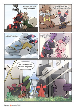 anthro cape cemetery clothed clothing crossdressing dialogue female hat headgear headwear machine male mostly_nude scarf size_difference text tombstone weapon ttux3 nintendo pokemon pokemon_khronull boolu_(ttux3) pecky_(ttux3) retired_azelf_(ttux3) azelf eeveelution generation_2_pokemon generation_4_pokemon generation_7_pokemon generation_9_pokemon legendary_pokemon pokemon_(species) rockruff tinkaton umbreon ursaring absurd_res comic english_text hi_res url