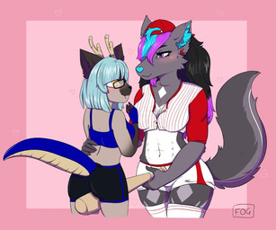 anthro baseball_bat baseball_cap baseball_uniform bat_(object) black_hair blush breasts clothed clothing duo ear_piercing ear_ring female female/female feral hair hat headgear headwear piercing ring_piercing simple_background smile sportswear teasing uniform fawnishy sonja_wusky canid canine canis felid feline mammal wolf 6:5