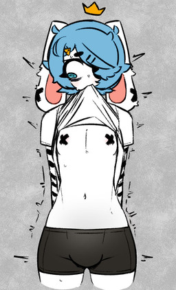 anthro arm_warmers armwear blue_hair blush bodily_fluids boxer_briefs briefs bulge clothed clothing clothing_lift femboy floppy_ears fur hair hair_over_eye lop_ears male nervous nipple_tape pasties pose shirt shirt_lift solo sweat tape tired_eyes topwear underwear white_body white_fur probablyavv avv_(probablyavv) lagomorph leporid mammal rabbit 2024 hi_res pinup
