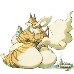 anthro beaded_jewelry beaded_necklace beads belly beverage big_belly big_breasts big_butt breasts butt eating eyelashes female food fur fur_markings green_eyes holding_food holding_object huge_butt jewelry looking_back markings necklace nude onigiri overweight overweight_anthro overweight_female rice side_belly side_boob sitting solo striped_body striped_fur stripes tea wrappings hyploom cass_(hyploom) canid canine fox mammal 1:1 2026 hi_res