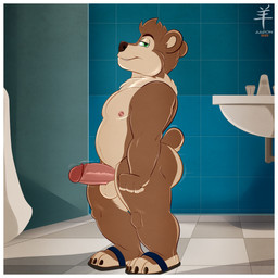 4_toes anthro balls barefoot bathroom border butt cheek_tuft claws clothing erection facial_tuft feet flip_flops footwear footwear_only foreskin genital_outline genitals glans humanoid_genitalia humanoid_penis male mostly_nude muscular muscular_male neck_tuft nipples penis retracted_foreskin sandals sandals_only shoes sink slightly_chubby smile solo text throbbing throbbing_penis toes tuft underwear urinal white_border year young young_anthro young_male aaron_(artist) jason_(aaron) bear brown_bear mammal ursine 1:1 2022 artist_name hi_res watermark young_(lore)