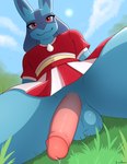 :3 anthro balls black_body black_fur black_inner_ear blue_balls blue_body blue_ears blue_fur bodily_fluids bottomwear cheerleader cheerleader_outfit chest_spike clothed clothed_anthro clothed_male clothing cloud crossdressing day erection femboy front_view fur genital_fluids genitals glans grass humanoid_genitalia humanoid_penis looking_at_viewer male male_anthro multicolored_body multicolored_clothing multicolored_ears multicolored_fur multicolored_skirt multicolored_topwear no_underwear outside penis pink_penis plant precum presenting presenting_penis red_bottomwear red_clothing red_eyes red_outfit red_skirt red_topwear sitting skirt sky smile solo spikes spikes_(anatomy) spread_legs spreading sun text thick_thighs topwear white_bottomwear white_clothing white_outfit white_skirt white_topwear yellow_body yellow_fur lucaforever nintendo pokemon generation_4_pokemon lucario pokemon_(species) 2025 artist_name digital_media_(artwork) hi_res