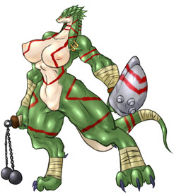 anthro big_breasts breasts claws clitoris ear_piercing feet female flail foot_wraps genitals green_body green_skin hand_wraps huge_breasts melee_weapon muscular muscular_anthro muscular_female nipples non-mammal_breasts non-mammal_nipples nude piercing shield simple_background solo tail tail_wraps toe_claws vulva weapon white_background white_body white_skin wraps yellow_eyes ketsuneko lizard reptile scalie hi_res