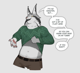5_fingers anthro belly belt black_ear_tips bottomwear brown_bottomwear brown_clothing cheek_tuft claws clothed clothing dialogue dipstick_ears ear_markings facial_tuft fingers fur green_clothing green_sweater green_topwear grey_body grey_fur male multicolored_ears navel neck_tuft pawpads pink_nose pink_pawpads presenting_belly raised_clothing raised_shirt raised_topwear shirt simple_background smile solo speech_bubble sweater talking_to_viewer teeth text topwear tuft whisker_spots white_body white_fur yellow_eyes alexyz_kun disney zootopia pawbert_lynxley canada_lynx felid feline lynx mammal 2025 digital_media_(artwork) english_text hi_res