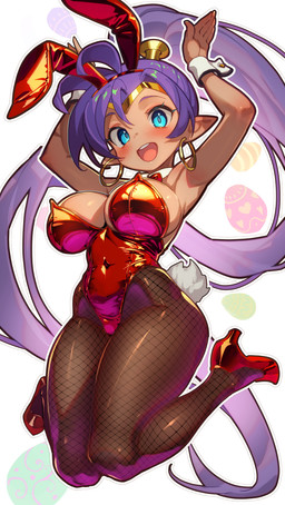 big_breasts blue_eyes blush breasts bunny_costume clothing costume ear_piercing ear_ring easter_egg eyebrows eyelashes fake_ears fake_rabbit_ears female fishnet_clothing fishnet_legwear fishnet_pantyhose footwear glistening glistening_breasts hair high_heels holidays humanoid_pointy_ears legwear leotard navel_outline not_furry open_mouth pantyhose piercing pointy_ears ponytail purple_hair red_clothing red_leotard ring_piercing shirt_collar shirt_cuffs shoes solo wide_hips life_is_pi easter shantae_(series) wayforward shantae genie humanoid 2026 absurd_res hi_res
