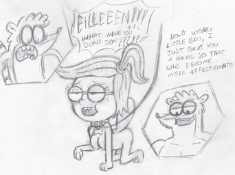 all_fours anthro breasts butt collar dialogue eyewear female female_focus glasses group hair half-closed_eyes leash leashed_collar male narrowed_eyes nipples nude open_mouth simple_background teeth text trio white_background takeshi1000 cartoon_network regular_show don_(regular_show) eileen_roberts rigby_(regular_show) chipmunk ground_squirrel mammal procyonid raccoon rodent sciurid 2026 comic english_text hi_res monochrome